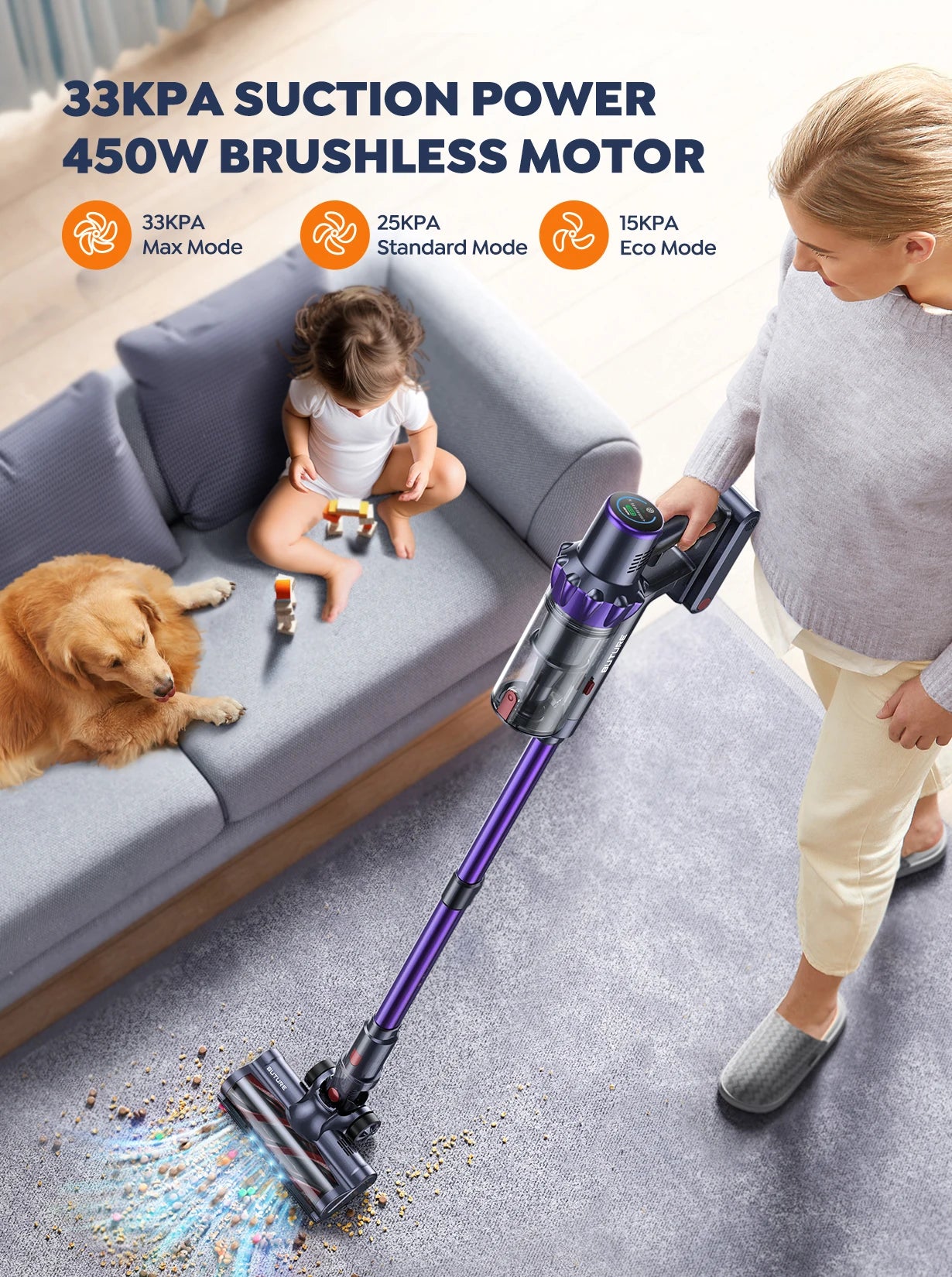 Woman using a Sixpad Cordless Vacuum Cleaner on a carpet with a child and dog in the background, highlighting suction power and motor specifications.