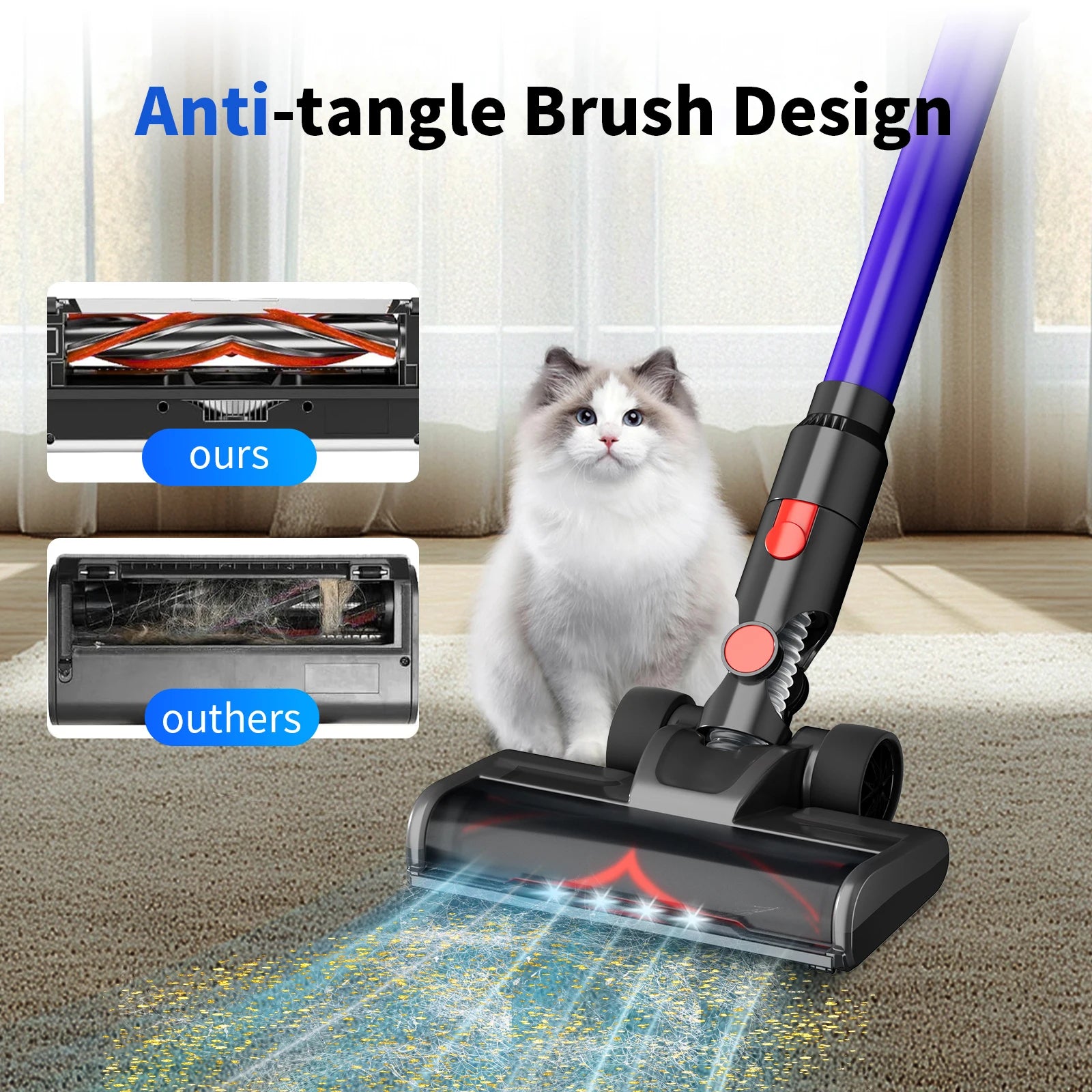 Sixpad S80 Vacuum cleaner with anti-tangle brush design, cat sitting on floor, comparison with 'others' brand.