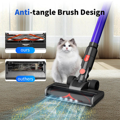 Sixpad S80 Vacuum cleaner with anti-tangle brush design, cat sitting on floor, comparison with 'others' brand.
