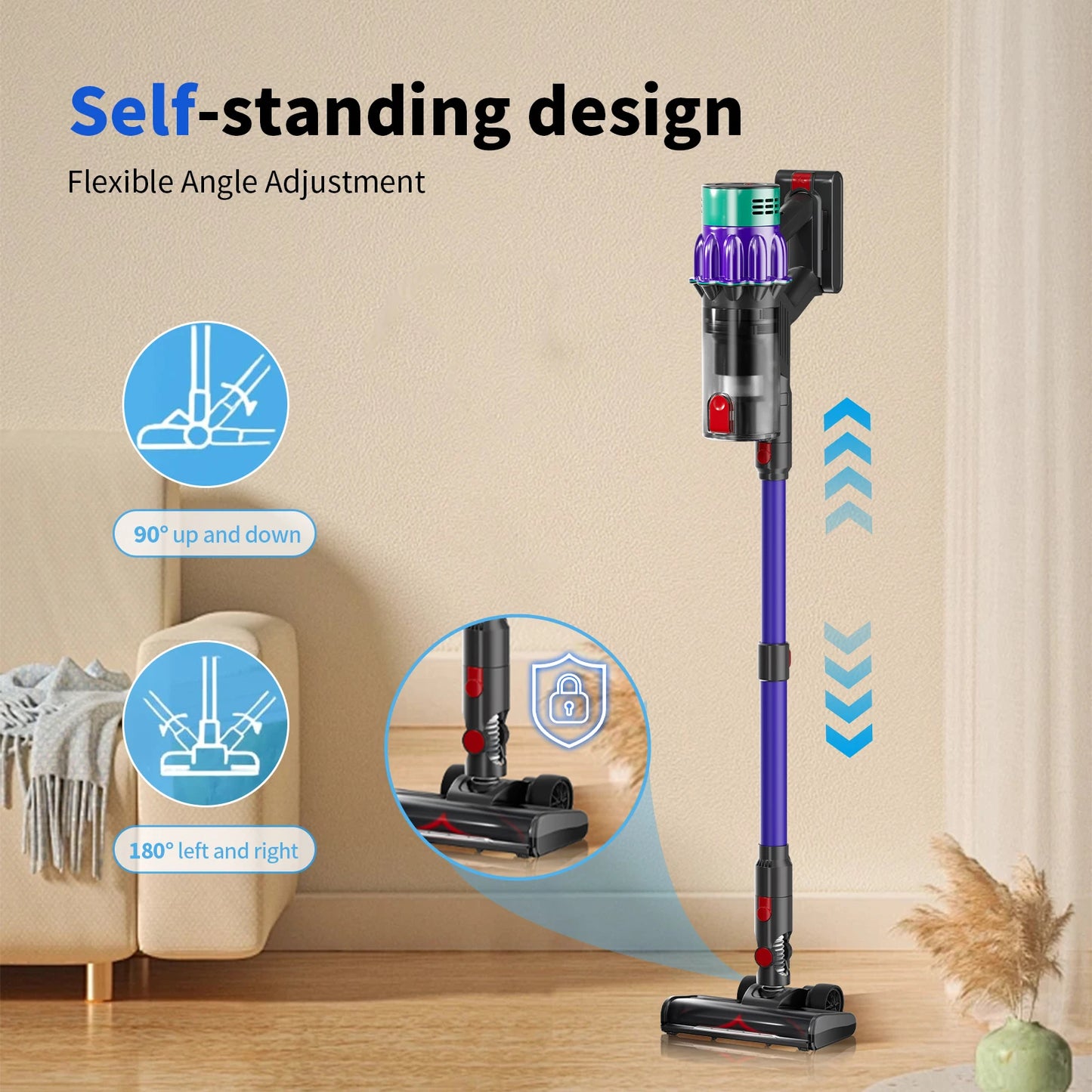 Sixpad S80 vacuum cleaner with self-standing design feature on a wooden floor.