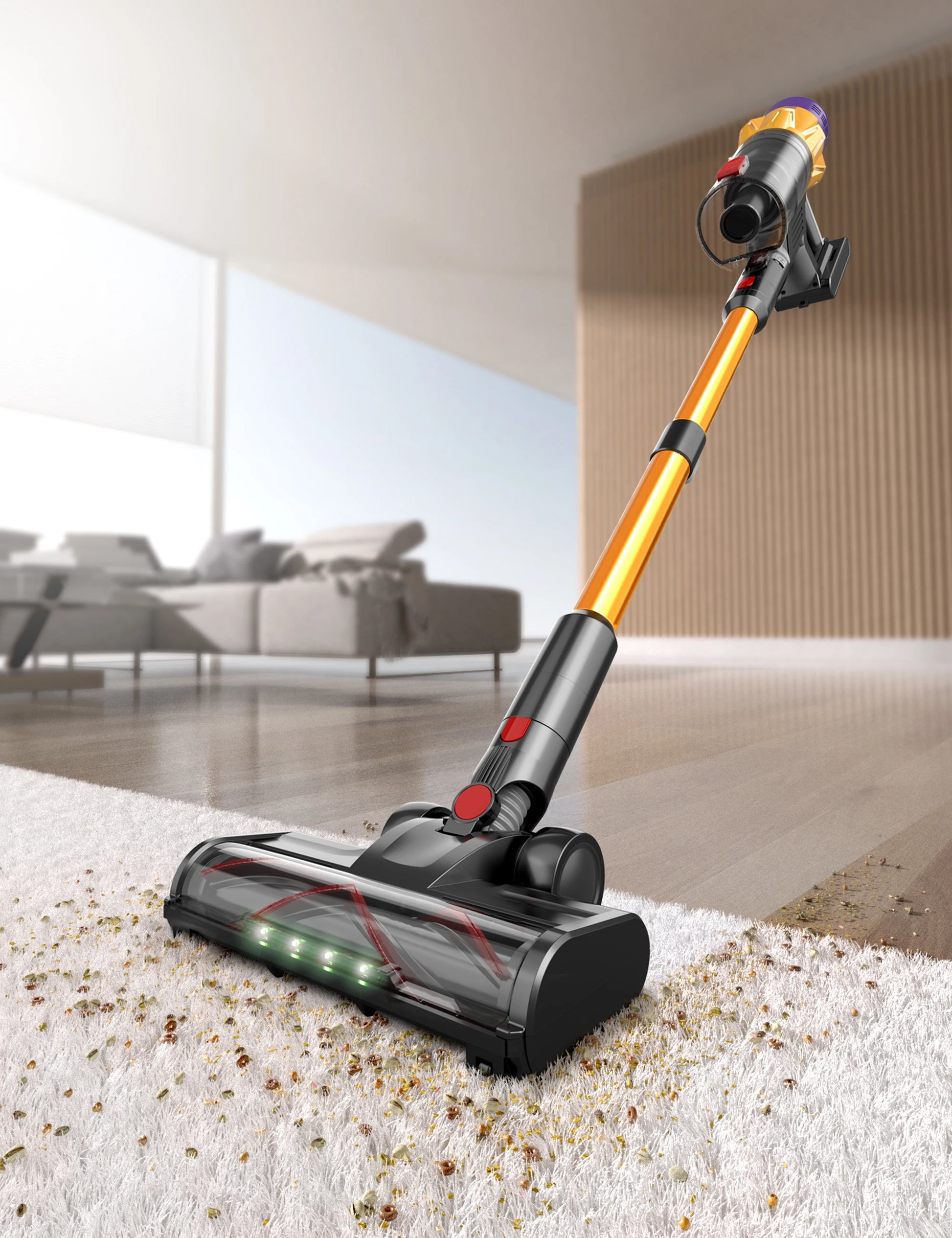 Snapbuy X7 Cordless Vacuum cleaner cleaning a carpet in a living room setting