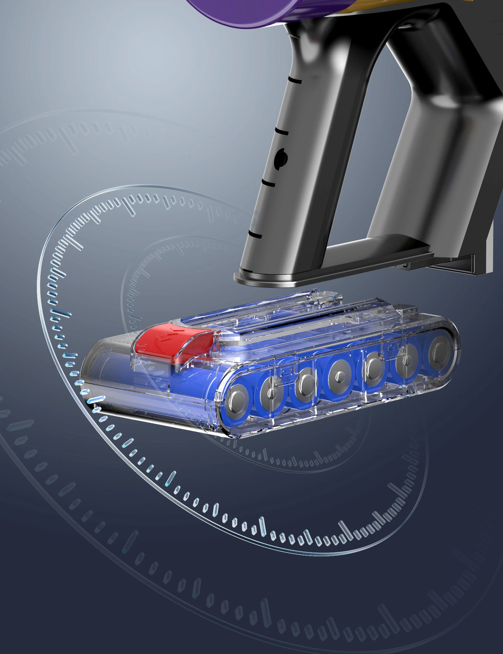 Close-up of a Snapbuy X7 Cordless Vacuum head with visible components on a gray background
