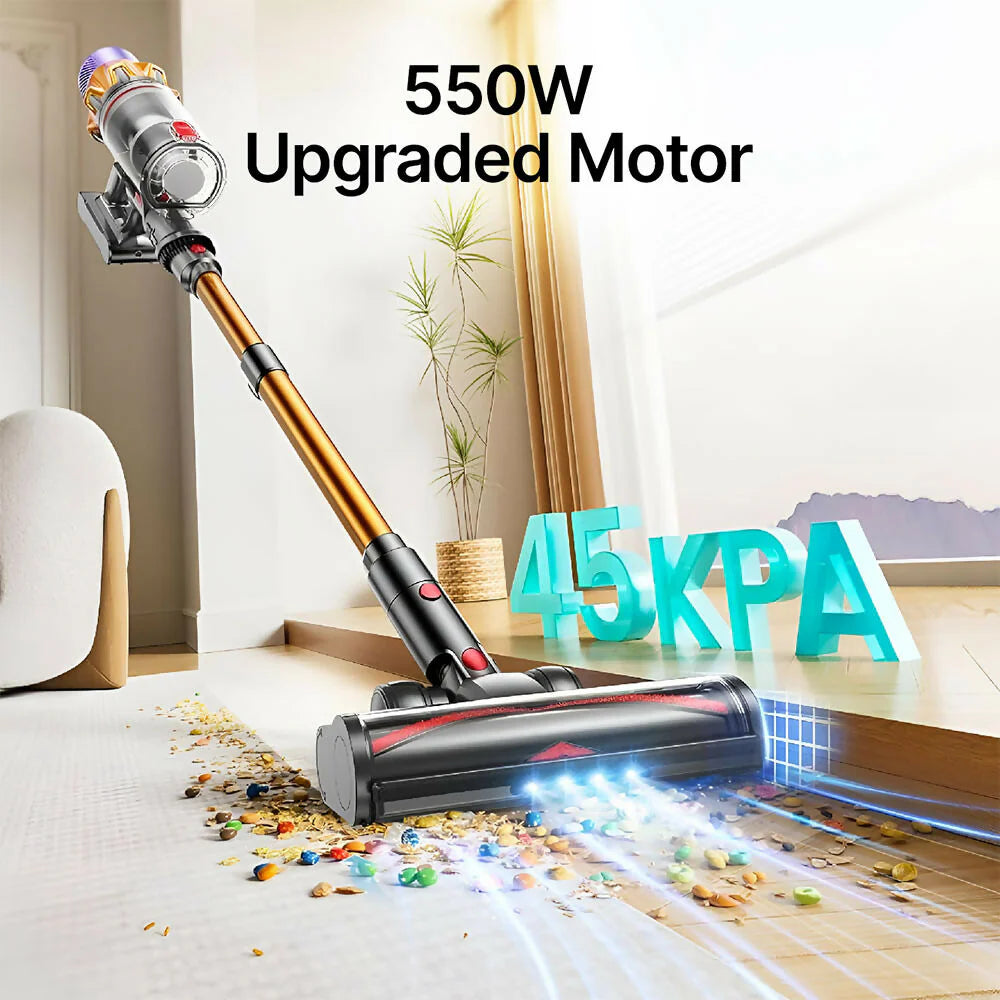 Stylized Snapbuy X7 Cordless Vacuum cleaner cleaning a floor with text highlighting power and suction.
