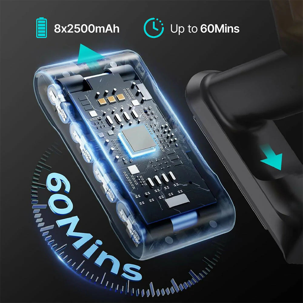 Electronic device with battery and time display on a dark background
