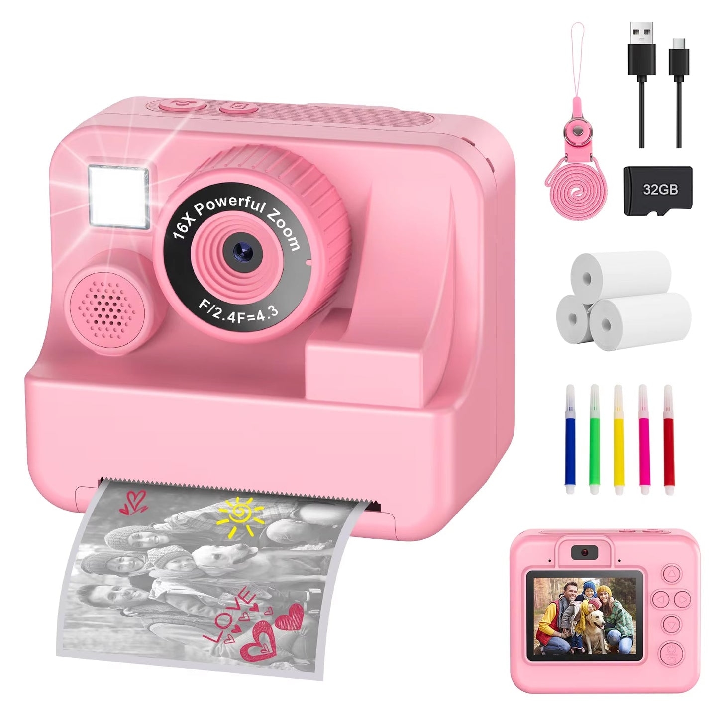 Pink SnapoKidy Instant Camera with accessories on a white background