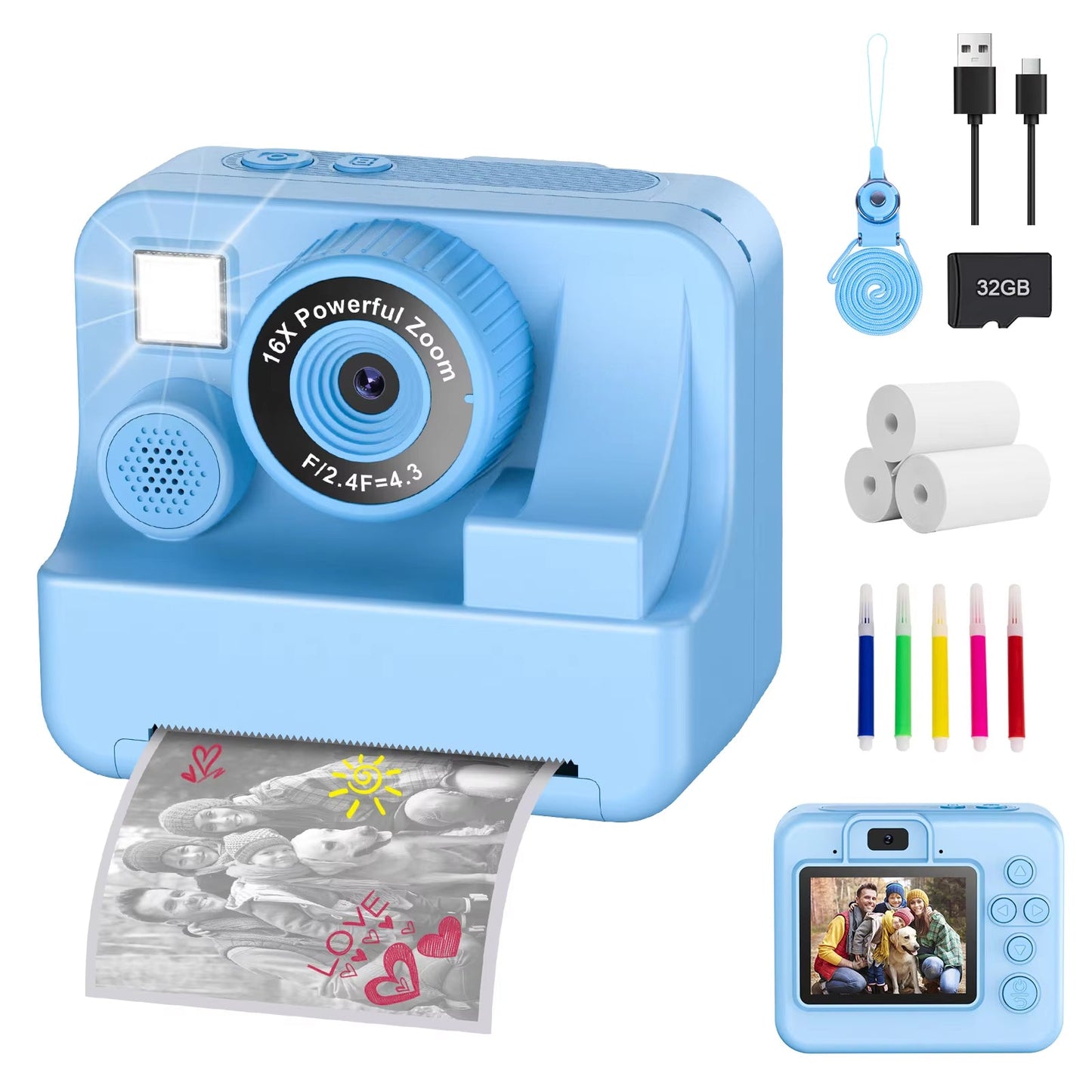 Blue SnapoKidy Instant Camera with accessories on a white background