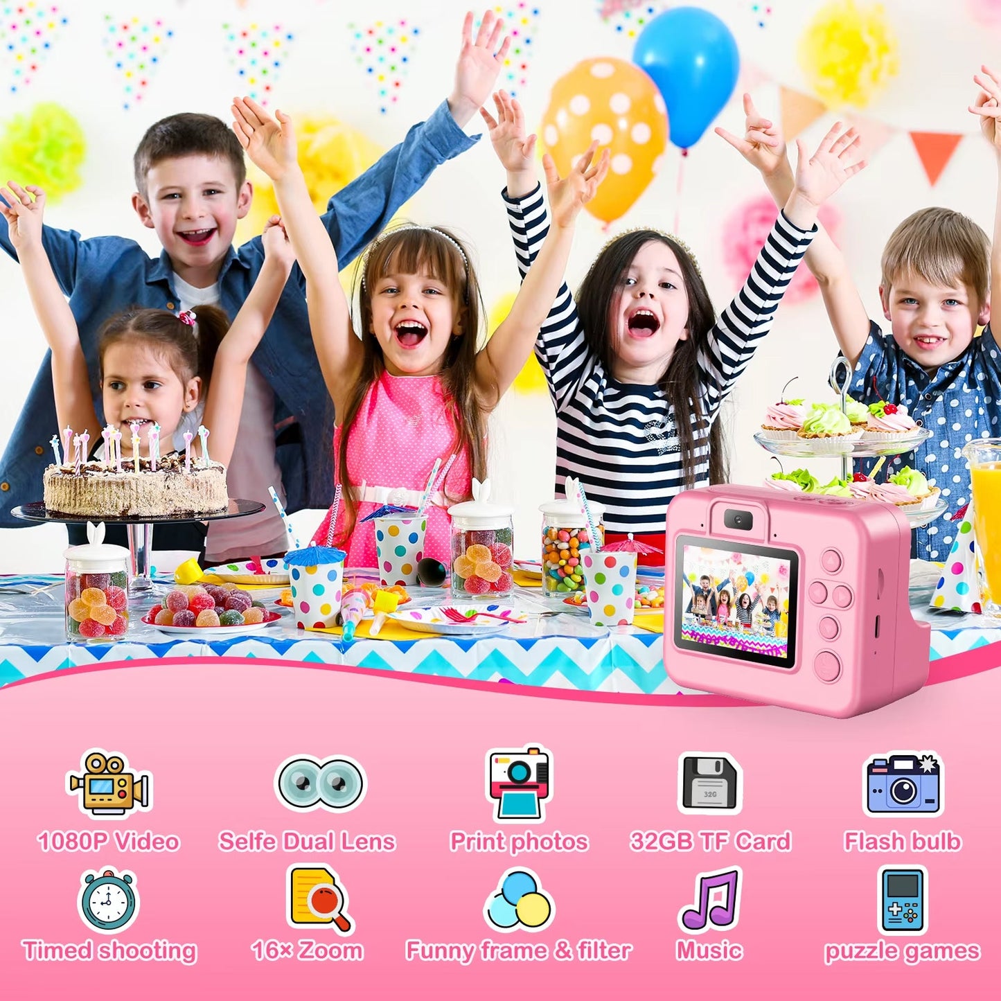 Children at a birthday party with a pink SnapoKidy Instant Camera, balloons, and cake.