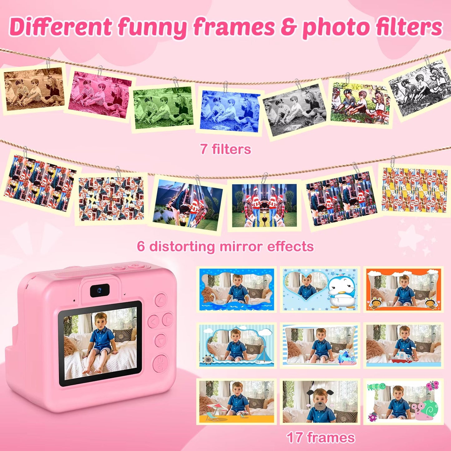 Pink SnapoKidy Instant Camera with photo editing features on a pink background