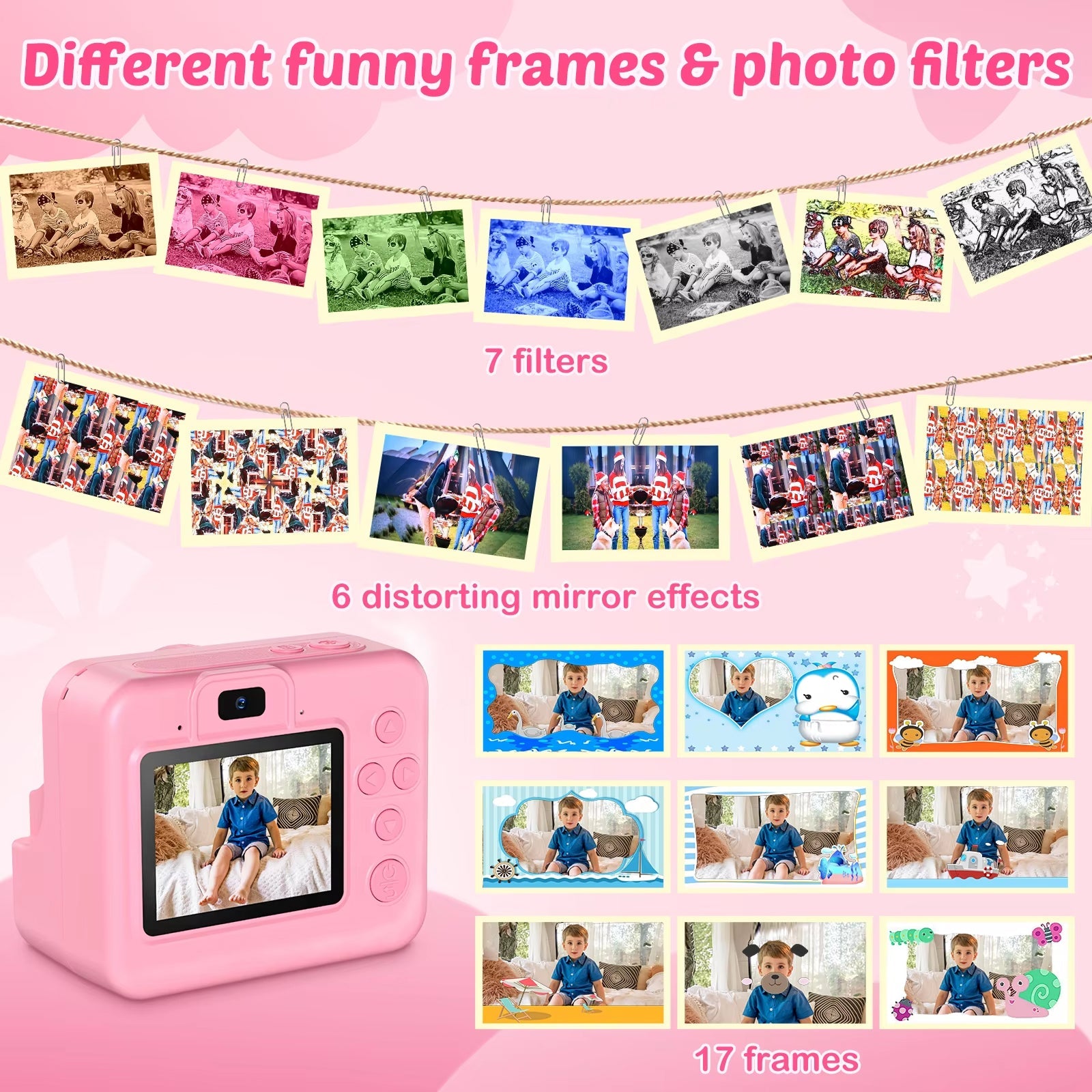 Pink SnapoKidy Instant Camera with photo editing features on a pink background