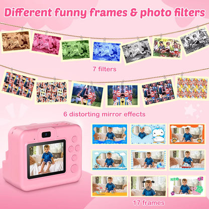 Pink SnapoKidy Instant Camera with photo editing features on a pink background