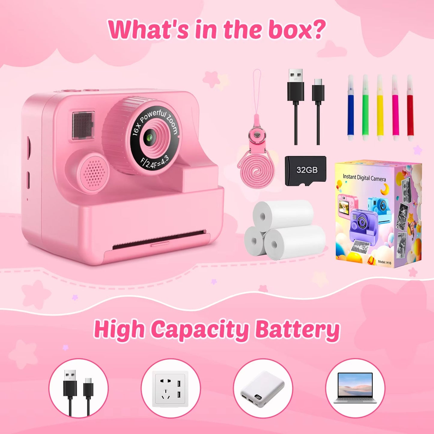 Pink SnapoKidy Instant Camera set with accessories on a pink background