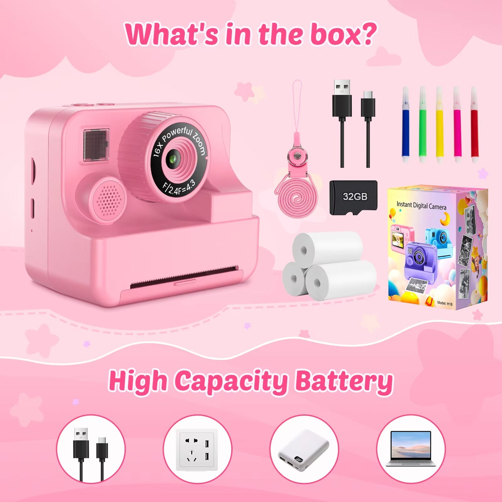 Pink SnapoKidy Instant Camera set with accessories on a pink background