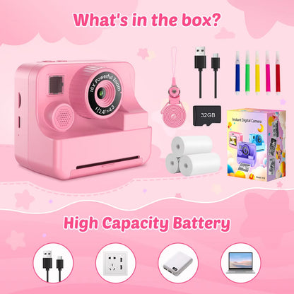 Pink SnapoKidy Instant Camera set with accessories on a pink background