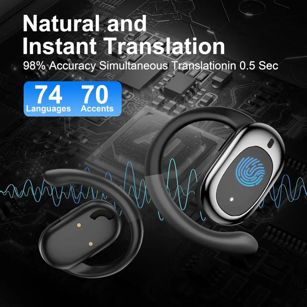 Black translation device with text about natural and instant translation on a dark background