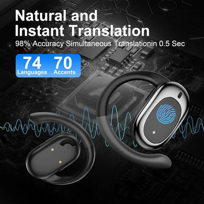 Black translation device with text about natural and instant translation on a dark background