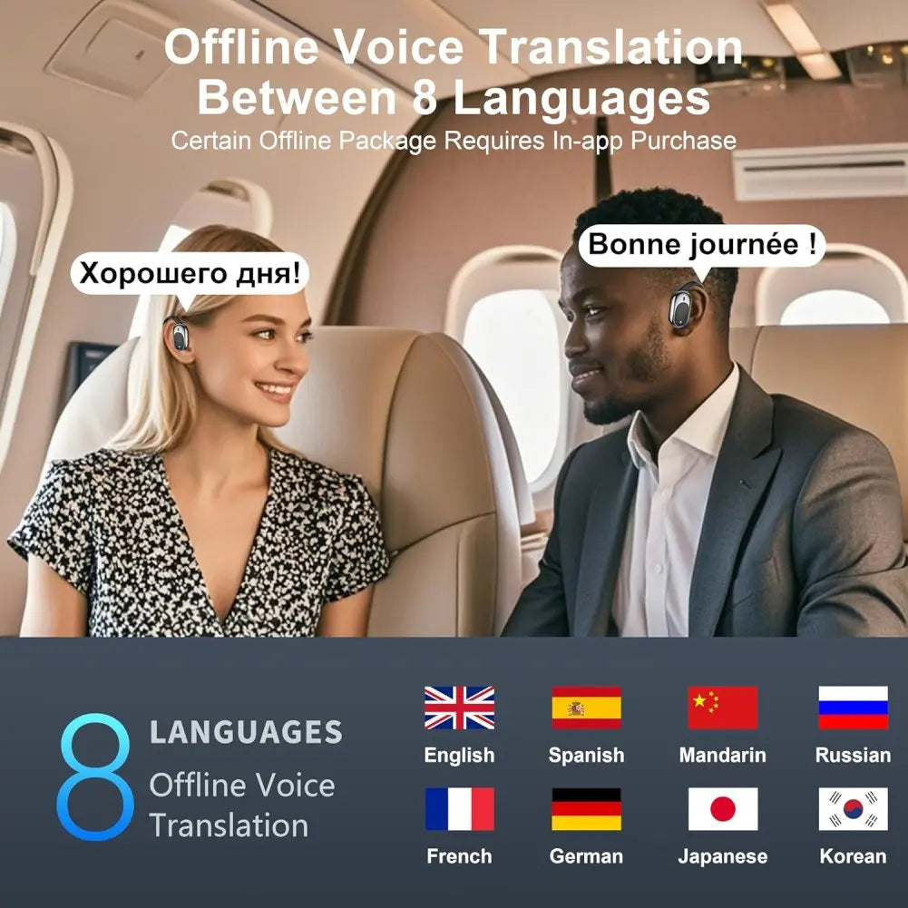 Two people in an airplane cabin with earbuds, text indicating offline voice translation between languages.