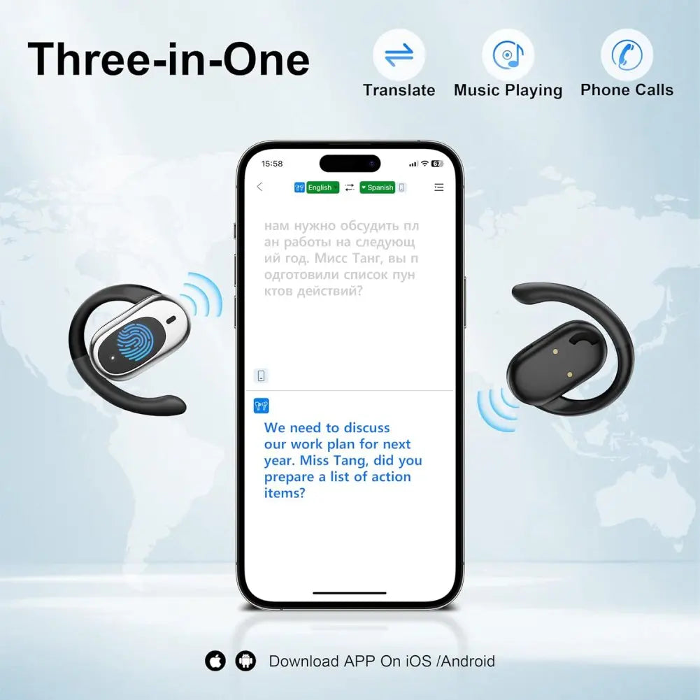 Two wireless TakiBuds with a smartphone displaying translation app on a light blue background