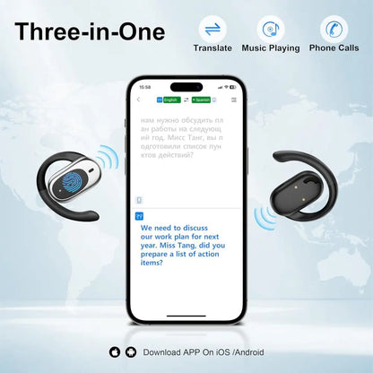 Two wireless TakiBuds with a smartphone displaying translation app on a light blue background