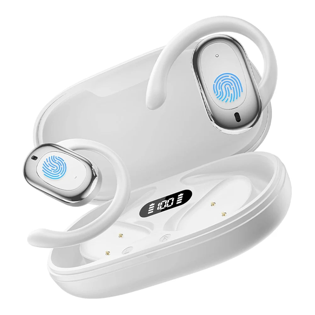 White wireless TakiBuds with charging case on a white background