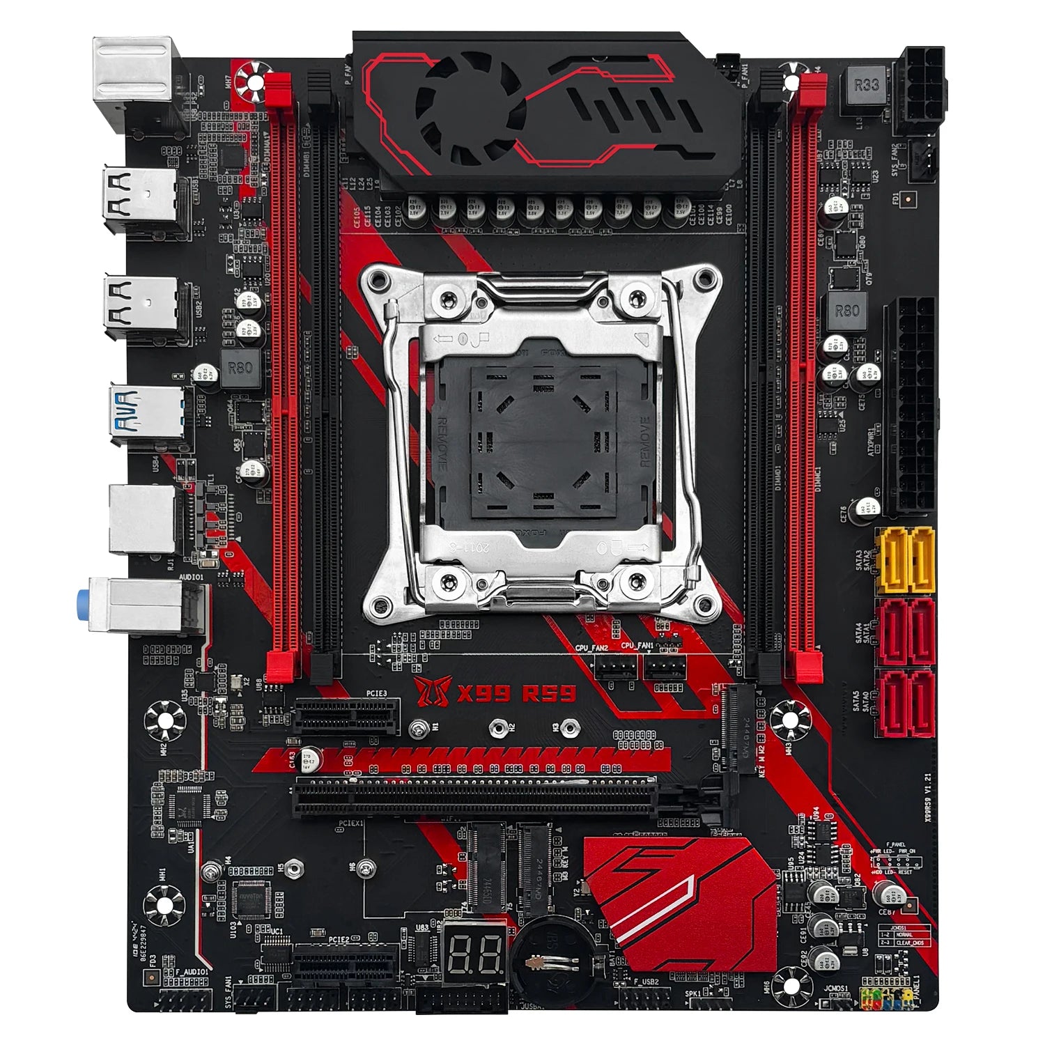 Computer motherboard with red and black design on a white background