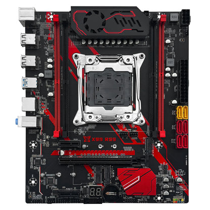 Computer motherboard with red and black design on a white background