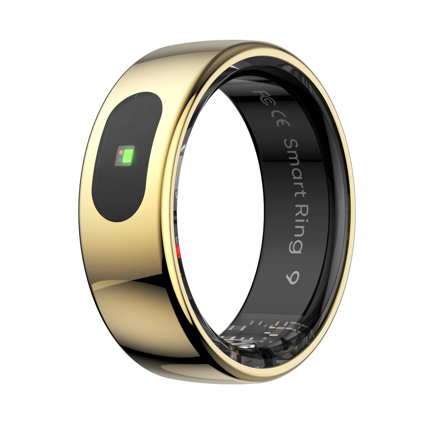 Gold smart ring with electronic components on a white background