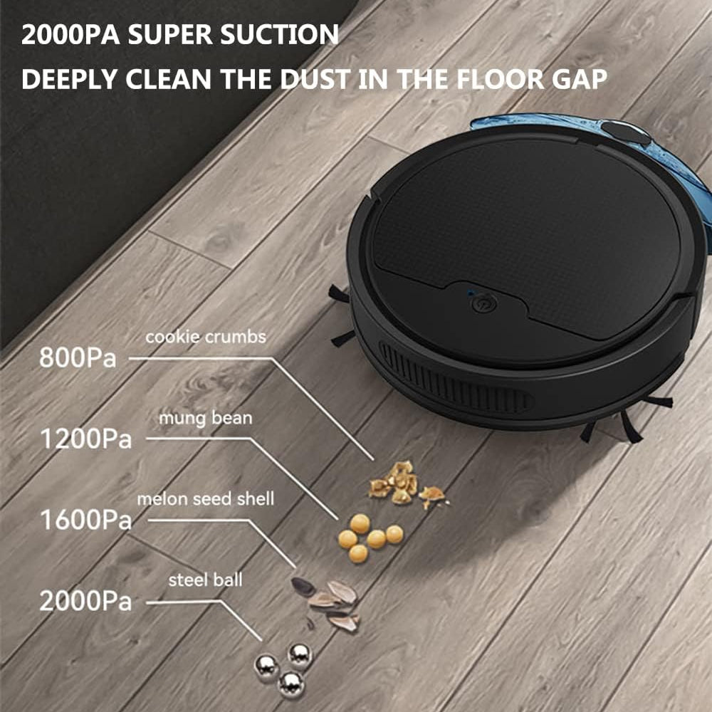TidyRobo Robot Vacuum on a wooden floor with cleaning capabilities highlighted.