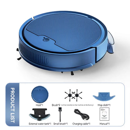 Blue TidyRobo Robot Vacuum cleaner with included accessories on a white background
