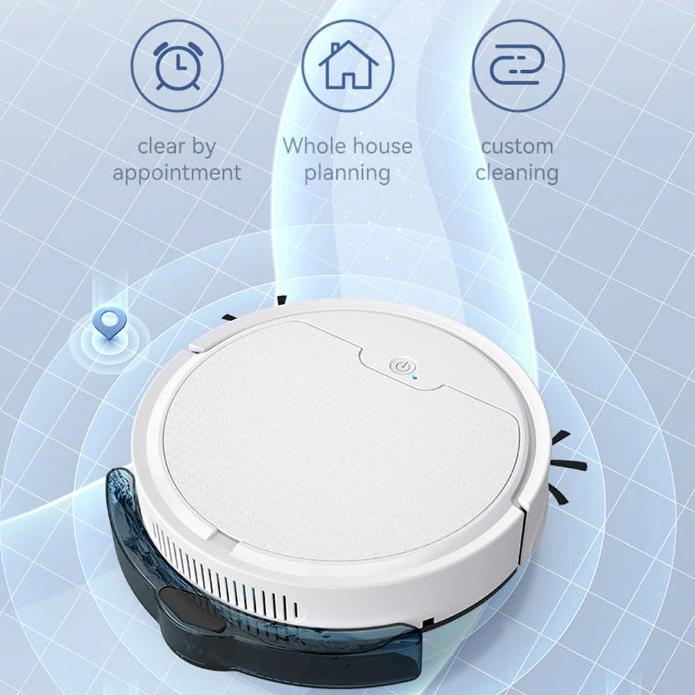 TidyRobo Robot Vacuum cleaner with features labeled 'clear by appointment', 'whole house planning', and 'custom cleaning' on a grid background.