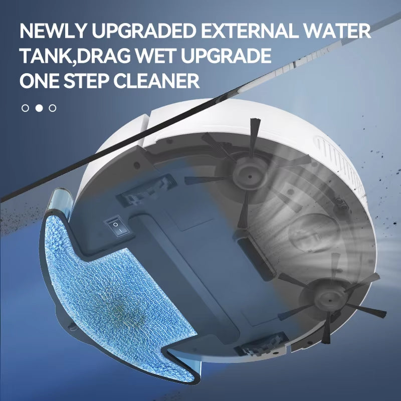 TidyRobo Robot Vacuum cleaner with text about newly upgraded external water tank and drag wet upgrade.