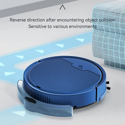 Blue TidyRobo Robot Vacuum on a floor with text about its functionality