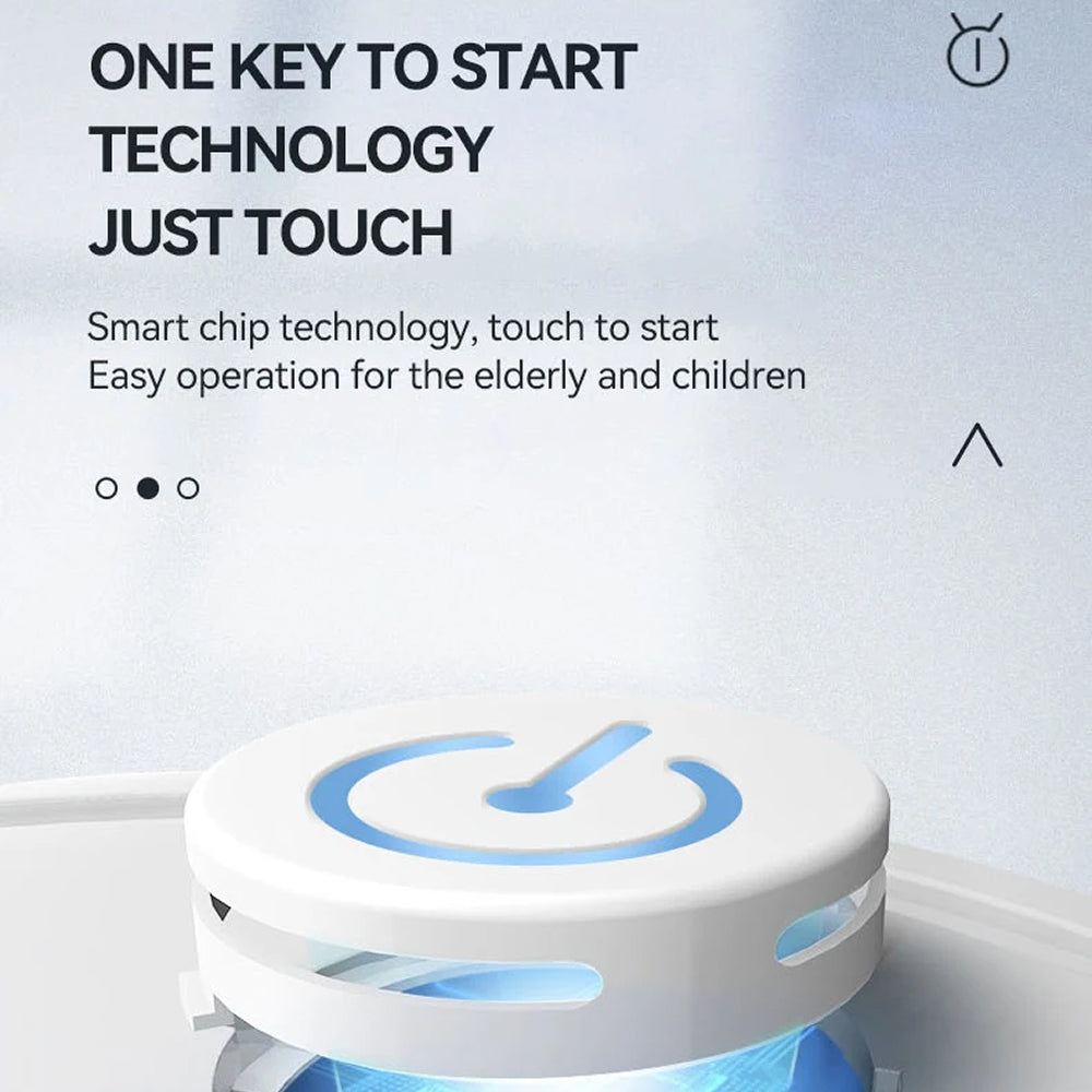 White TidyRobo Robot Vacuum with blue power symbol on a light gray background, featuring text about smart chip technology.