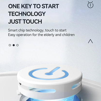 White TidyRobo Robot Vacuum with blue power symbol on a light gray background, featuring text about smart chip technology.