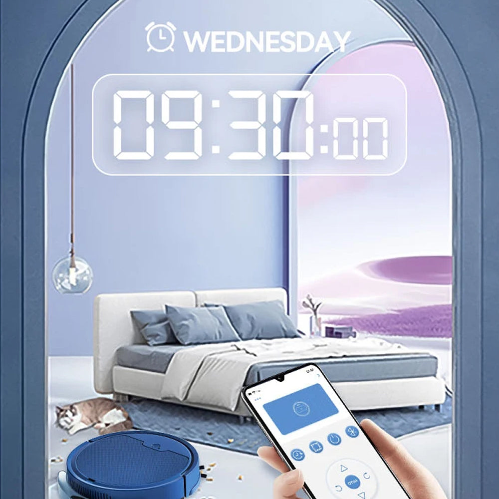 Smart home setup with a TidyRobo Robot Vacuum cleaner, smartphone, and digital clock displaying the time.