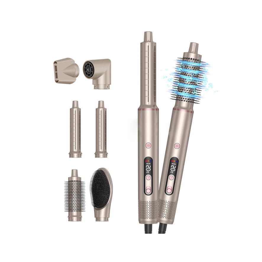 Multifunctional Trovoro Hot Air Brush with interchangeable attachments on a white background