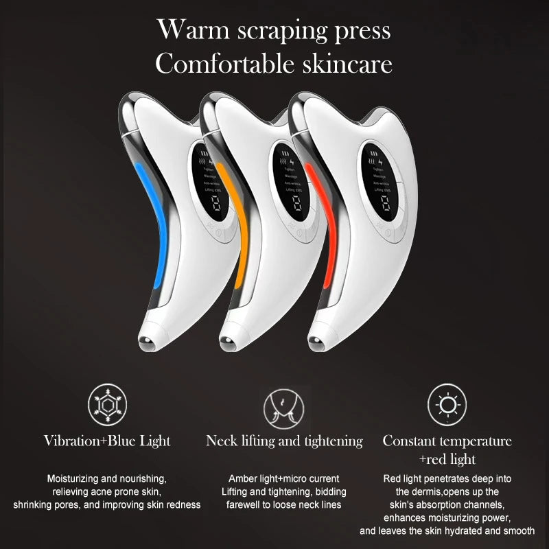 Three Trovoro Face Massager devices with colorful lights on a black background, labeled for different skincare benefits.
