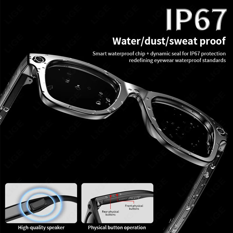 Waterproof eyeglasses with text highlighting IP67 protection on a black background