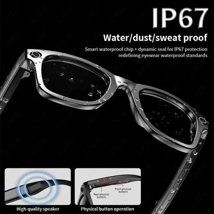 Waterproof eyeglasses with text highlighting IP67 protection on a black background