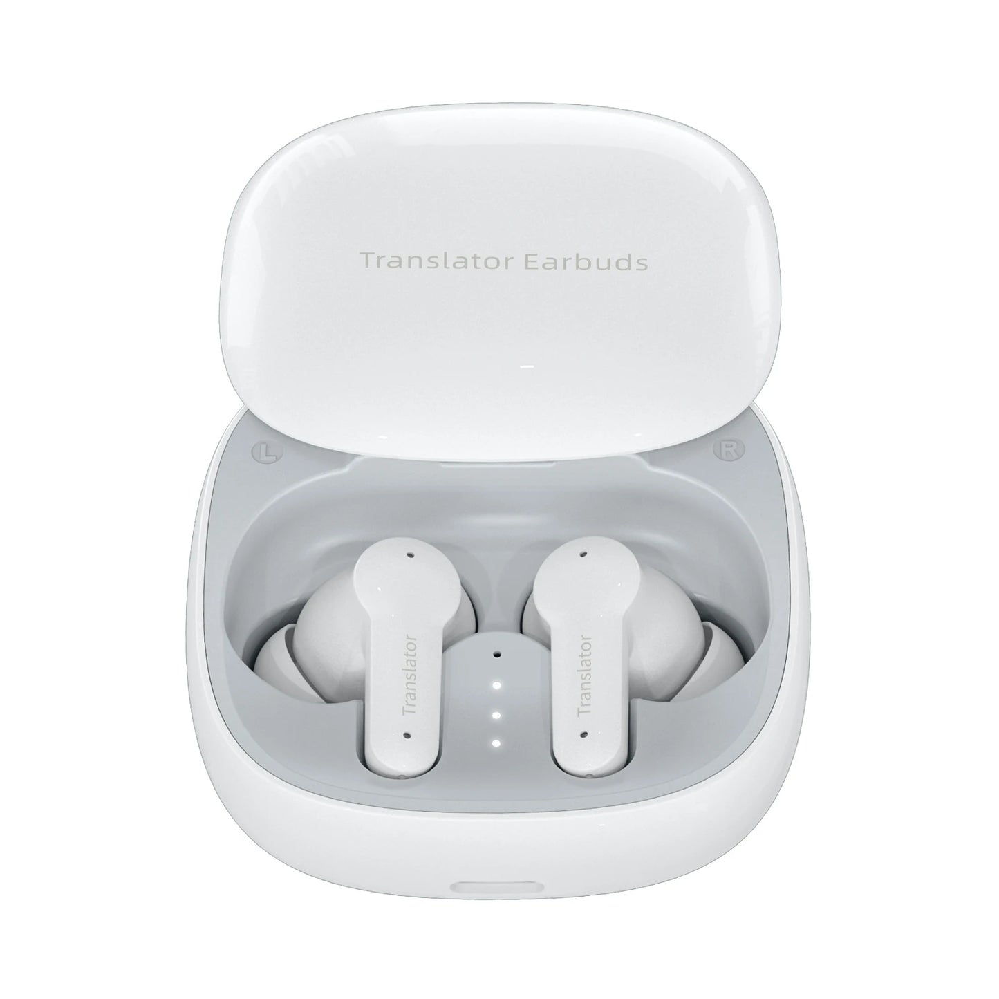 White Trovoro Translator Earbuds in a charging case on a white background