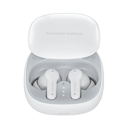 White Trovoro Translator Earbuds in a charging case on a white background