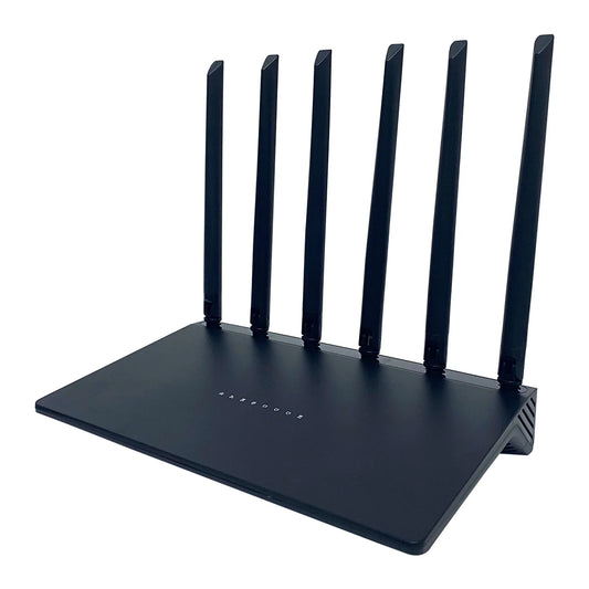 Black Trovoro WiFi Router with multiple antennas on a white background