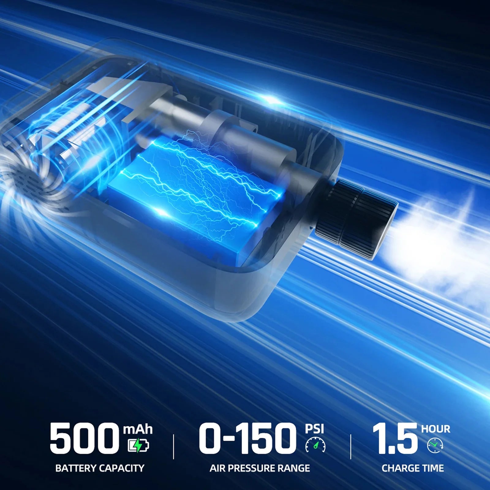 Tyrisclix Bike Pump with technical specifications on a blue background