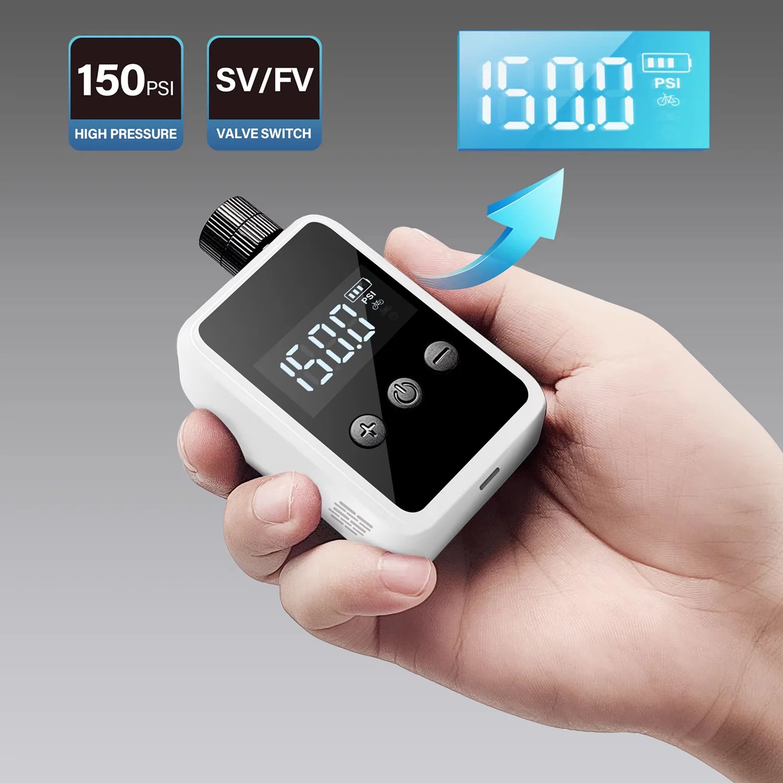 Digital tire Tyrisclix Bike Pump held in a hand with display showing pressure reading.