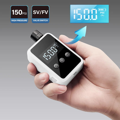 Digital tire Tyrisclix Bike Pump held in a hand with display showing pressure reading.