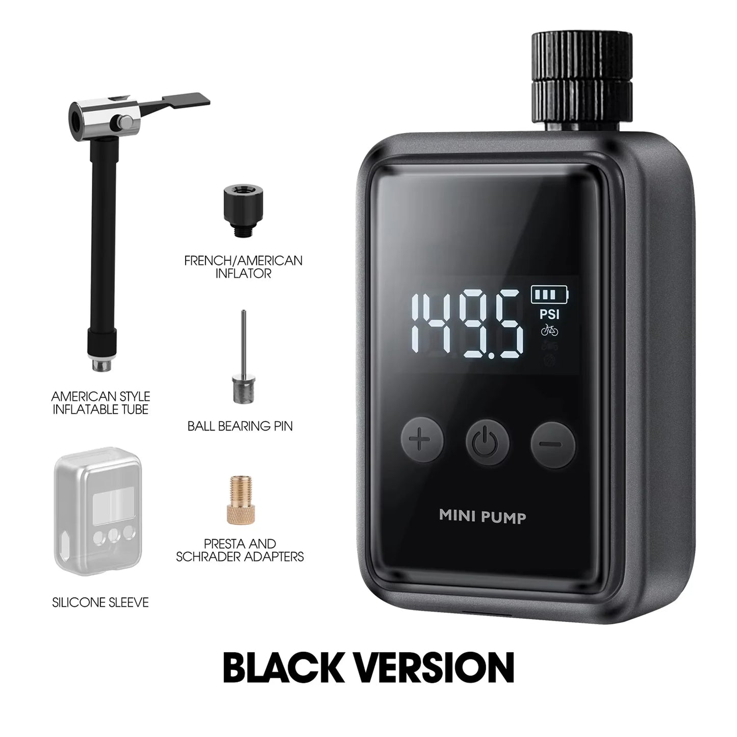 Black Tyrisclix Bike Pump with digital display and various accessories on a white background