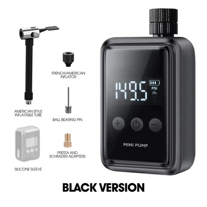 Black Tyrisclix Bike Pump with digital display and various accessories on a white background