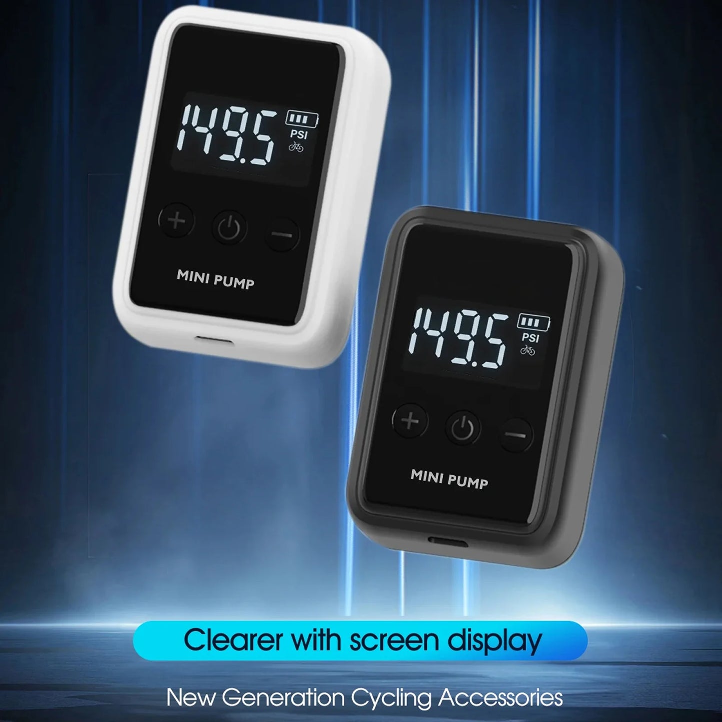 Two Tyrisclix Bike Pump with digital displays on a blue gradient background