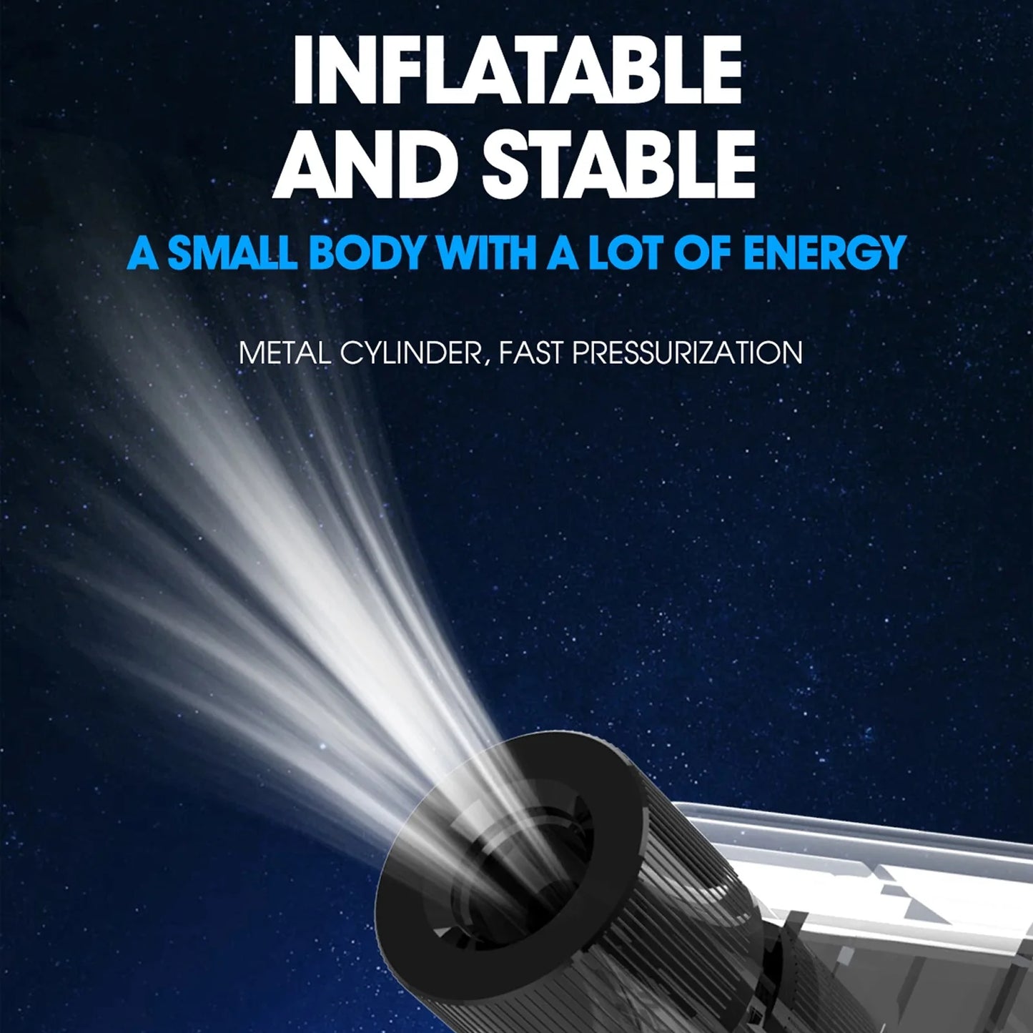 Space-themed graphic with a metal cylinder and energy beams against a starry space background.