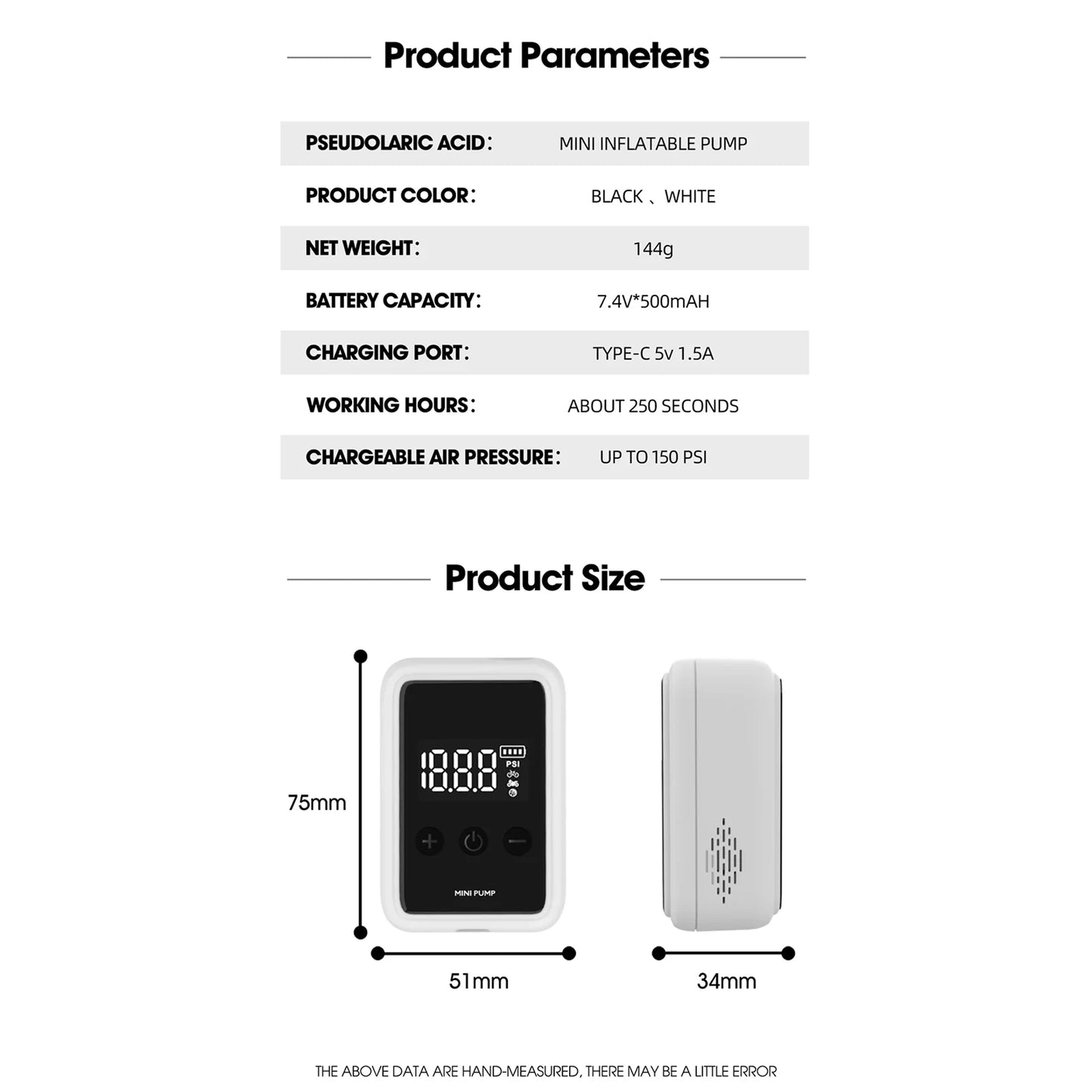 Product parameters and size details of a mini inflatable Tyrisclix Bike Pump on a white background