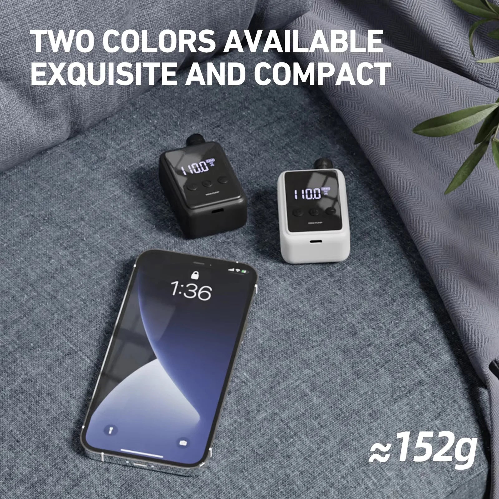 Two Tyrisclix Bike Pump on a gray surface with a smartphone displaying the time, text about color availability and weight, and a plant in the corner.